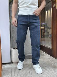 Men's Retro Slim Fit Simple Washed Blue Stretch Denim Jeans - Medium Wash - View 1