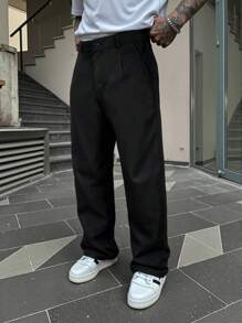 Yemwry Pantalones casuales de hombre de pierna recta con pliegues de unicolor, con un corte elegante, adecuados para varios estilos, una opción ideal para crear un look cotidiano sencillo pero elegante
