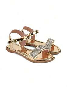 Children's Casual Flat Sandals Upper Rhinestone Shiny Patent Leather Back Buckle Comfortable Fashion - 金色 - 查看 1