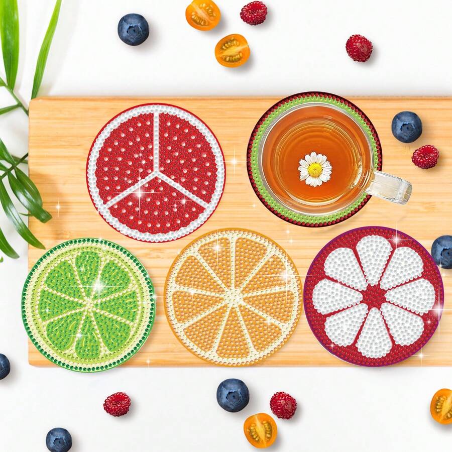 12入組鑽石畫藝術杯墊套裝及收納座，鑽石畫杯墊，DIY鑽石畫工藝項目，適用於成年人和初學者（水果款式）