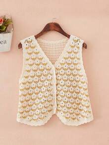 Women Vintage Style Embroidered Single-Breasted Knit Vest - Beige - View 1
