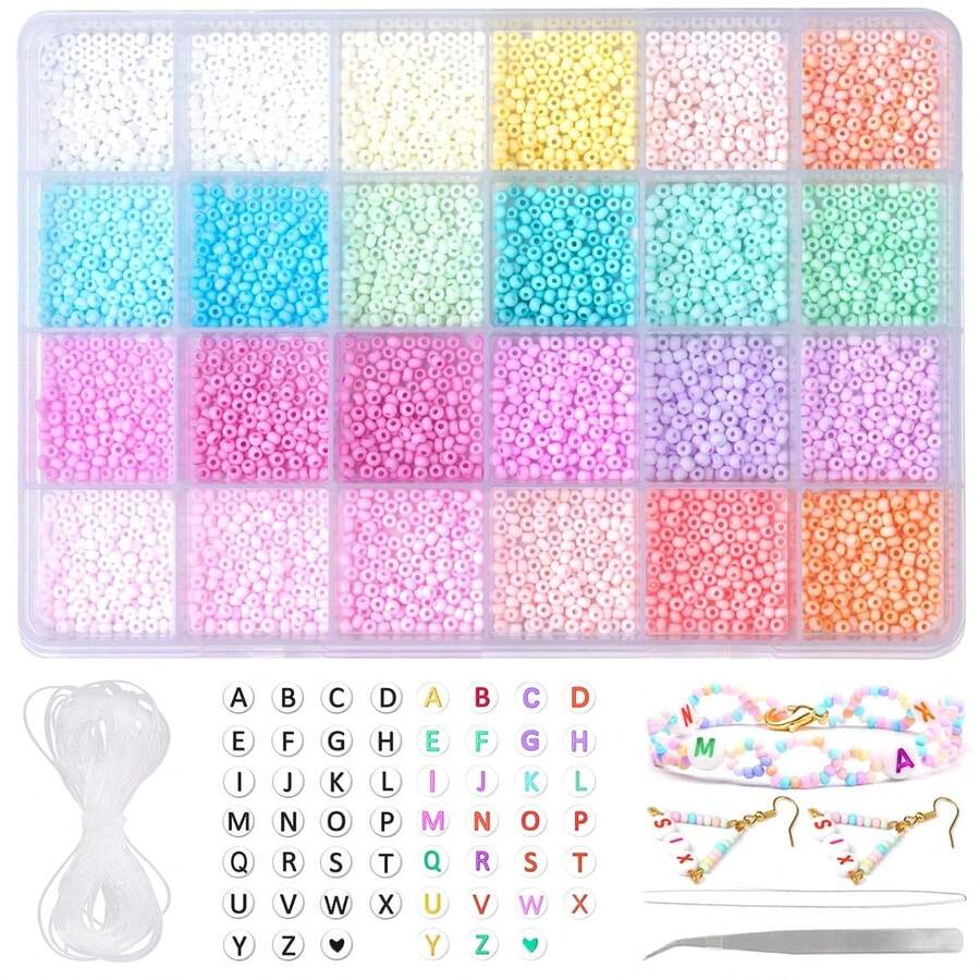 5760+Pcs 3mm Pastel Glass Seed Beads & Macaron - Colored Pony Beads Set With Alphabet Letter Beads + Elastic String - Ideal For DIY Bracelet & Necklace Jewelry Making Supplies - Multicolor - View 1