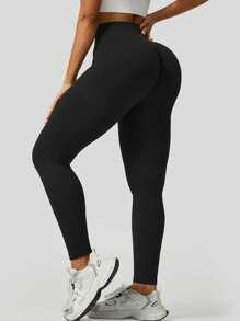 Pantalones de yoga de unicolor para mujer, leggings elásticos de spándex con ajuste ceñido y que realzan el trasero para uso en exteriores y campamento