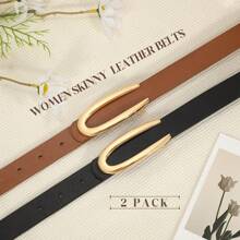 2pcs Solid Color Casual PU Leather Women Thin Waist Belt, Adjustable For Spring & Summer