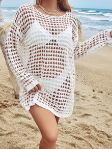 Crochet Lace Drop Shoulder Cover Up, Spring/Summer Beach Dress (Swimsuit Not Included) - White - View 6