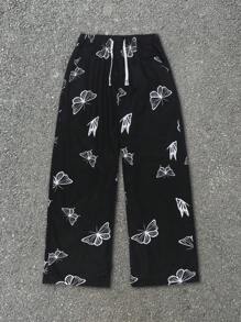 Yemwry Men's Casual Pants With Butterfly Pattern Detail, Simple Design For Daily Wear. Unique Butterfly Print Casual Pants, Classic Black & White Colorway, Casual Drawstring Design. Suitable For Strolling The Streets Or Casual Gatherings, To Showcase Your Distinctive Charm.