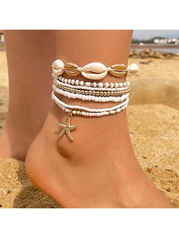 1-7pcs Bohemian Style Starfish & Beaded Braided Bracelets For Girls, Ocean Theme, Beach, Seashell, Beige & Ivory,Bracelets For Women,Summer Jewelry,Gold Jewelry Women