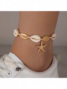 1-7pcs Bohemian Style Starfish & Beaded Braided Bracelets For Girls, Ocean Theme, Beach, Seashell, Beige & Ivory,Bracelets For Women,Summer Jewelry,Gold Jewelry Women