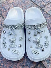 18pcs DIY Rhinestone Silver Bear & Metal Chain Decor Clips, Detachable Shoe Charms For Hollow Shoes/Sandals, All Seasons, Suitable As Gifts