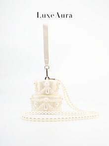 Bolso de tarta en forma de corazón con perlas acrílicas falsas elegante para mujeres, novedad, vacaciones y regalo, color blanco, adecuado para boda, novia, fiesta de boda, embrague de noche con textura de mármol