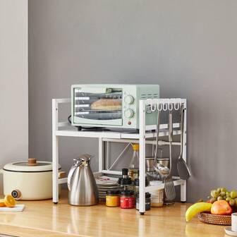 Expandable Microwave Rack With 6 Hooks, Countertop Oven Shelf Stand Unit, Kitchen Worktop Storage Organiser, 1 Tier, White