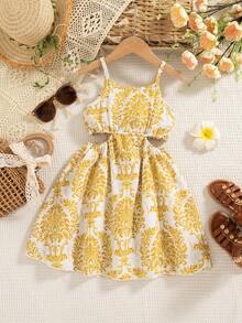 女童热带印花镂空腰部度假无袖吊带裙，夏季 - 芥末黃 - 查看 2