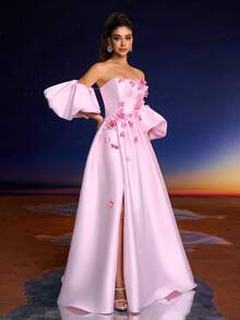 女士优雅露肩礼服，3D 花卉装饰，侧开衩，适合晚会、礼服、婚礼宾客 - 粉色 - 查看 1