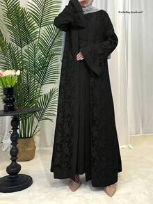 Robe traditionnelle islamique et tenue arabe abaya 2 pièces, ensemble festif de mode pour femmes - Noir - Voir 1