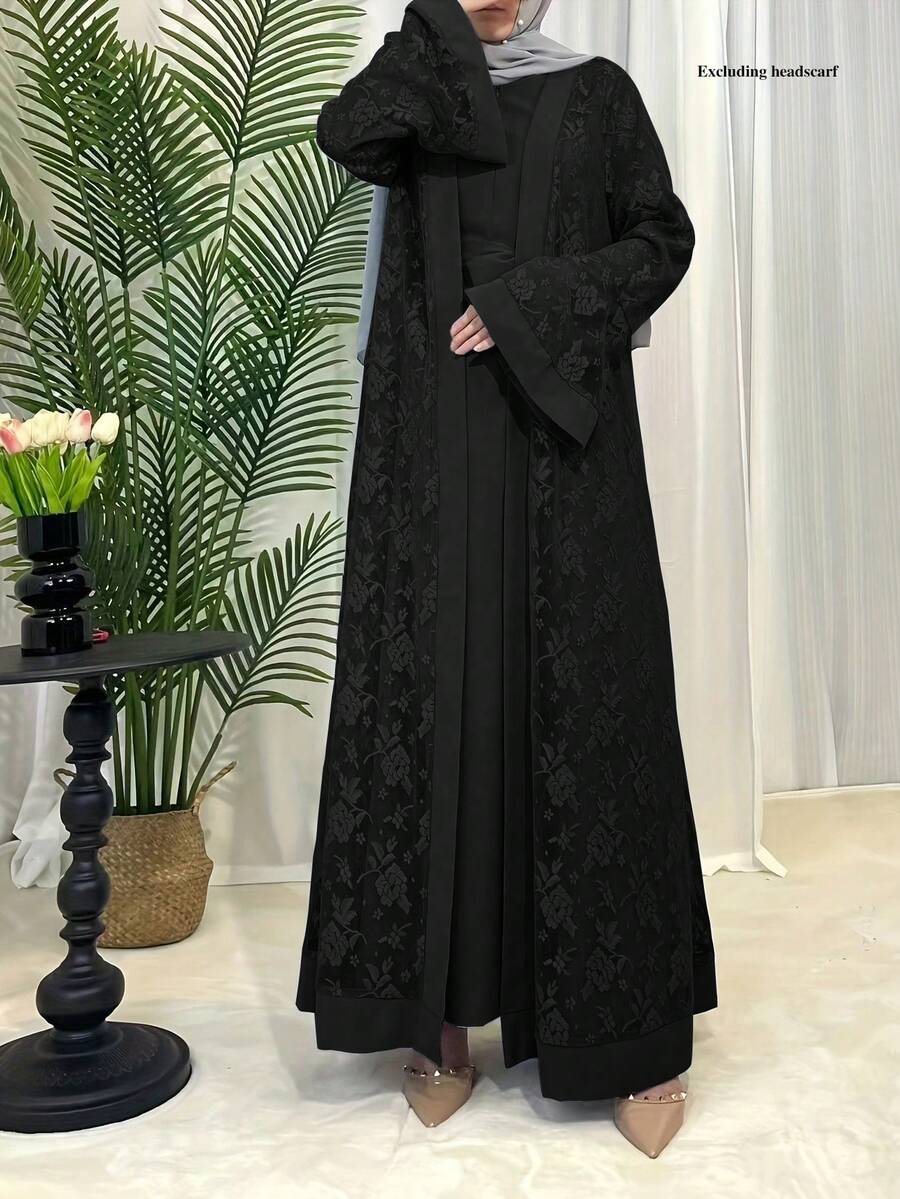 Robe traditionnelle islamique et tenue arabe abaya 2 pièces, ensemble festif de mode pour femmes - Noir - Voir 1