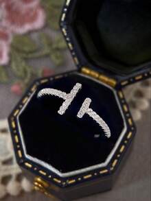 1pc S925 Silver Adjustable Open Ring, Women's Fashion Rhinestone Jewelry, Exquisite Gift For Girls, Friends, Family - Long and Short Open Ring - View 3