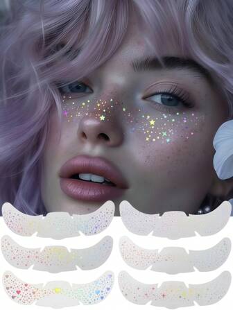 6 Sheets Glitter Freckles Holographic Stickers Heart Freckle Tattoos Glitter Stickers Waterproof Temp Tattoos With Glittery Star Heart Dot Pattern For Adults Accessories For Party Festival Daily Makeup