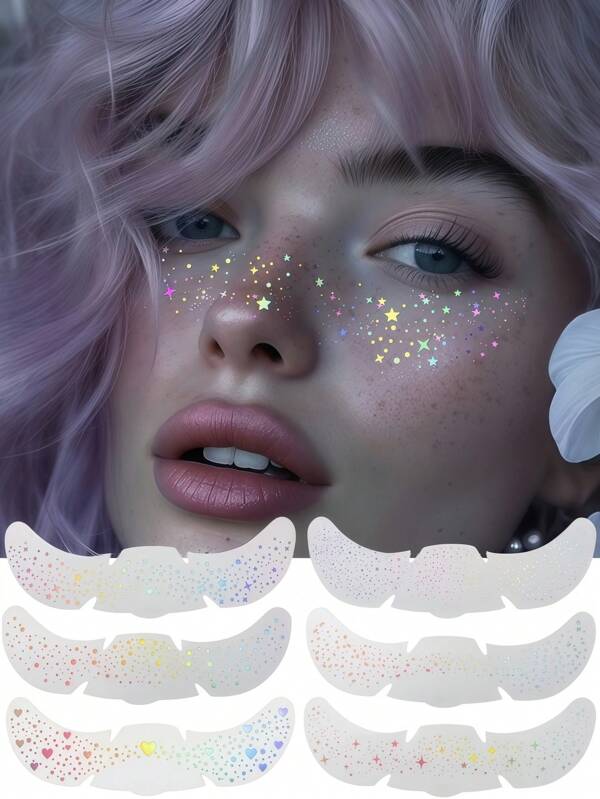 6 vellen glittersproeten holografische stickers hart sproet tatoeages glitter stickers waterdichte tijdelijke tatoeages met glinsterende ster hart stippen patroon voor volwassenen accessoires voor feest festival dagelijkse make-up