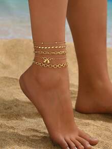 5pcs/Set Jewelry Set With Bow, Ribbon Tie, Anklet, Stylish Gold-Tone Accessories, Ideal For Women, Holiday & Party, Gift For Friends
