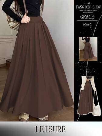 Böljande, krispig kaffebrun enfärgad maxikjol för pendling/dejt/vardagskläder, veckade utsvängda detaljer, fickor, mångsidig, vardagskläder