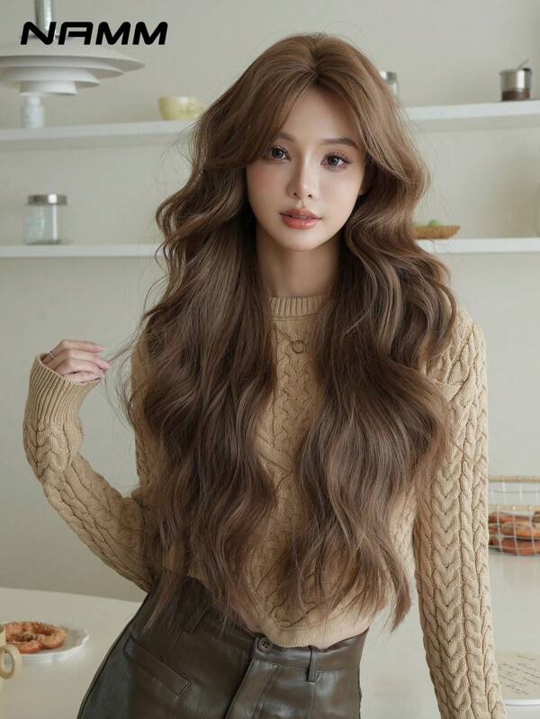 NAMM 30 Inch Brown Curly Wig For Women,Elegant Long Body Wave Wig Without Bangs,Natural Looking Fluffy Very Soft Synthetic Heat Resistant Fiber Hair,Beautiful Full Machine Hair Wig For Girls Daily, Music Festival Party Wear Use,Mother's Day Gifts