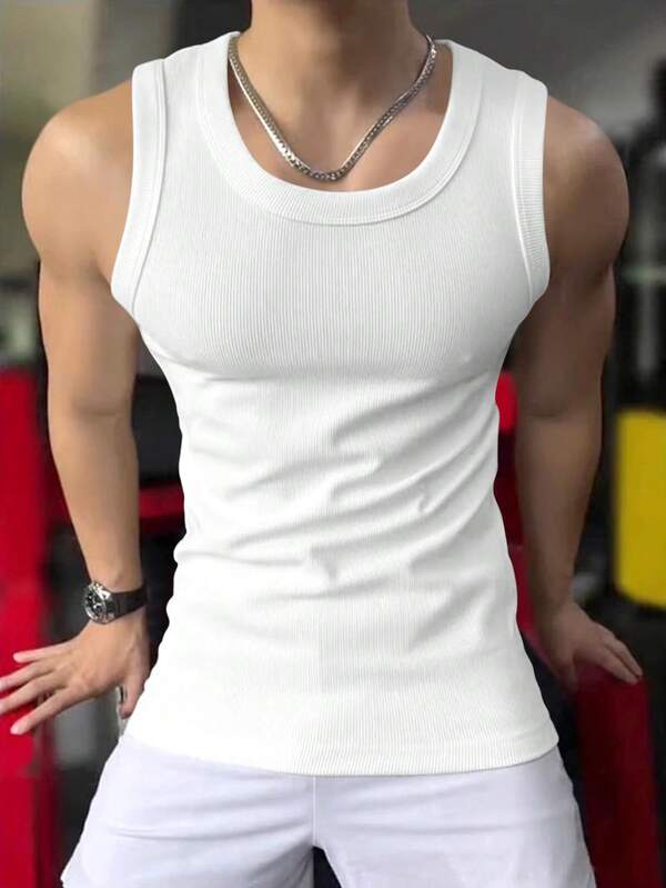 Mature Casual Men's Fashion Ribbed Textured Slim Fit Elastic Undershirt Tank Top
