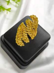 1 Stück modischer Damen Ring aus goldfarbenem Kupferüberzug in Form von Weizenähre und Blatt, verstellbar, geeignet für den Zeigefinger, als Braut Hochzeit Partykleid Accessoire, Muttertags-, Feiertagsgeschenk, für Naher Osten, Dubai, Afrika