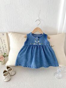 Miniweenns 1pc Baby Girl Outdoor Versatile Casual Embroidered Denim Sleeveless Simple Dress - Blue - View 2