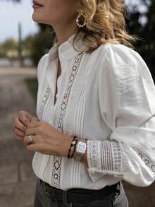 Plus Size Women's Blouse, Solid Color Lace Patchwork Button Fashion Long Sleeves Shirt For Spring - White - View 4