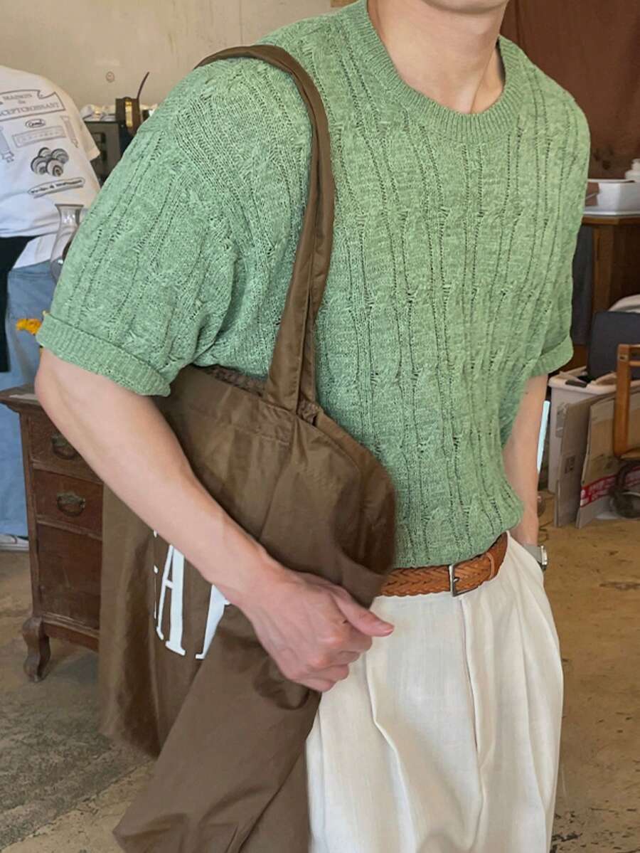 男士短袖T恤新款夏季轻薄简约风青年休闲透气圆领针织上衣 - 綠色 - 查看 1