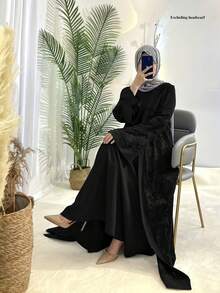 Robe traditionnelle islamique et tenue arabe abaya 2 pièces, ensemble festif de mode pour femmes - Noir - Voir 3