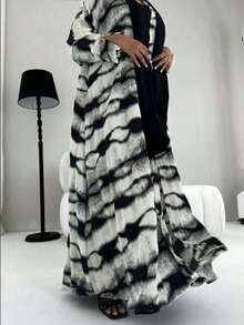 1pc Solid Color Elegant Casual Polyester Robe, Meticulously Crafted Fabric With Fine Workmanship, Graceful And Stylish Abaya, Modest Kaftan - Black and White - View 5