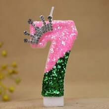 1入 粉綠撞色皇冠水鑽數字生日蠟燭，閃亮蛋糕裝飾，適用於派對、節日、一周歲慶祝，創意手工數字蠟燭 - 彩色 - 查看 14
