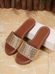 Women's Metallic Gold Woven Single Strap Flat Open Toe Slide Sandals, Soft Insole Slip-On, Summer Beach Casual Daily Slippers - Light Gold - View 2