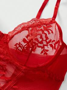 Plus Size Lace Asymmetrical Ruffle Hem Lingerie Dress Set, Red - Red - View 3