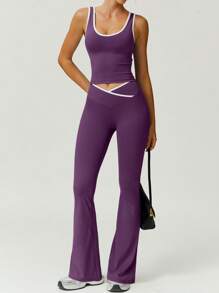 NcmRyu Women's V-Neck Sporty Matching Top And Pants Set, Elastic, Versatile For Casual Wear, Yoga, Fitness, Spring/Summer