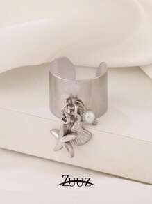1 pièce Bague large ouverte en acier inoxydable et plastique ronde avec pendentif coquillage de perle et étoile de mer. Cadeau de bijoux charmants pour femmes, convient pour un port quotidien