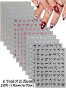 2/3/6/12/18/24 Sheets Valentine's Bow Nail Art Stickers For Women, Self-Adhesive 3D Bow Nail Decals, Cute Ribbon Nail Stickers For DIY Nail Design, Manicure Nail Supplies Accessories