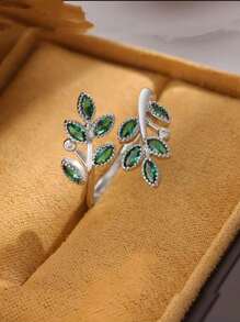 Fashionable Green Rhinestone Personalized Leaf Elegant Creative Open Sterling Silver Ring Valentine's Day Gift