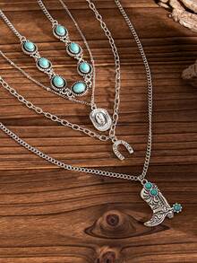 3pcs/4pcs Set Bohemian Style Faux Turquoise Inlaid Cowboy Boots, Cowboy Hat, Bull Head Pendant Necklace, Luxurious Versatile Wedding/Party Necklace Gift For Women - Necklace - View 9