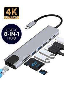 8 In 1 Port Docking Station USB Type C HUB To HDM 4K-Compatible RJ45 SD&TF Card Reader USB 3.0 PD 87W Adapter Splitter For Laptop PC Pro Air Android Phone Take It With You On Office Trips And Business Trips