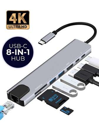Station d'accueil 8 en 1, hub USB Type C vers HDMI, compatible 4K, RJ45, lecteur de cartes SD et TF, adaptateur répartiteur USB 3.0 PD 87 W pour ordinateur portable, PC Pro, Air, téléphone Android. Emportez-le avec vous lors de vos déplacements professionnels.