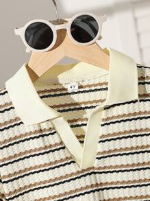 2pcs Boys Waffle Striped Polo Set 2025 - V-Neck Shirt & Shorts, Summer Outfit (Age 2-3,4-5,6-7Y)
