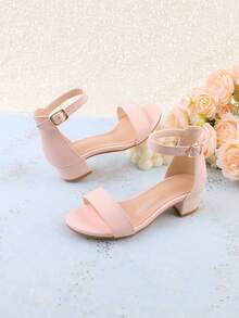 Sandalias de tacón alto grueso y puntera abierta de color rosa para niñas, zapatos formales de vestir para niña de las flores, boda, fiesta, princesa, adecuados para niñas pequeñas/niñas pequeñas/niñas grandes - Rosa - Ver 3