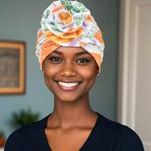 قطعة واحدة من قبعة تربان ذات طبعة زهرية كبيرة وطيات مطاطية للسيدات ، غطاء رأس بوهيمي ملون للنزهات والاستخدام اليومي ، وغطاء للشعر لمرضى السرطان ، طويل وناعم ومريح ، مطبوع وعصري