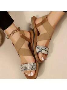 Mother's Day Gift Women's Sandals With Snake Skin Pattern Criss-Cross Straps, Round Toe, Casual, Sweet & Cute, Lightweight And Flowing, PU Sole, Anti-Slip, , For Outdoor, Street, Campus, Party, Birthday - Brown - View 3
