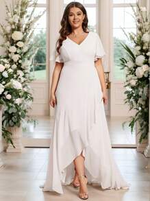 EVERPRETTY Plus Elegant Short Sleeve Asymmetric Hem White Dress Bridal Shower Dress For Single Party Wedding Dress For Bride