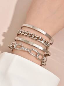 4pcs/Set Punk Metal Style Hollow Chain & Disc Pendant Bracelet (Special Material, Avoid Contact With Water) - White K - View 3