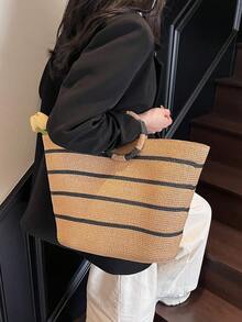 大容量草编手提包，休闲百搭女士手提包，条纹图案购物袋，超大手提包，春夏 - 卡其色 - 查看 10