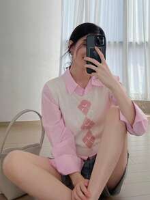 Women's Geometrical Pattern Crew Neck Casual Versatile Knitted Vest, Summer - White - View 6